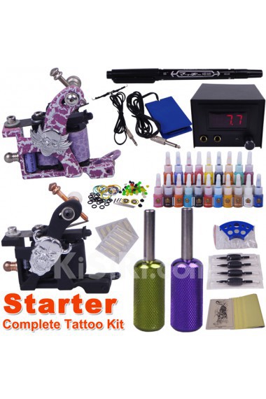 2 Professional Tattoo Machines Kit with LCD Power Supply (20 Colors Included)