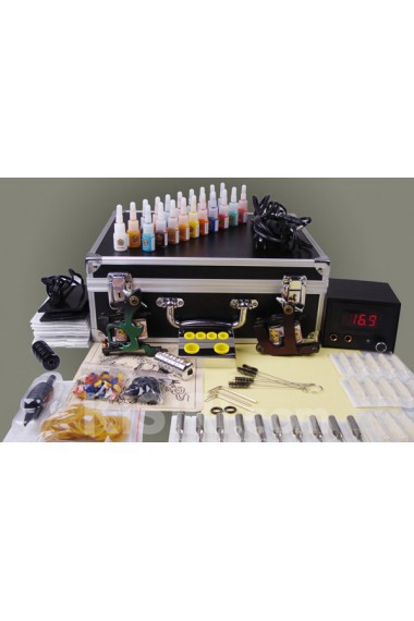 High Quality Tattoo Machines Kit Completed Set with 2 Tattoo Guns and LCD Power Supply (20 Colors)