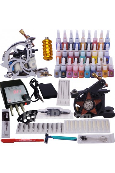 2 Professional Tattoo Machines Kit with LCD Power Supply (28 x 5ml Colors Included)