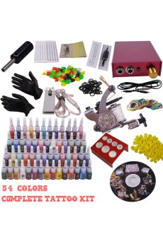 Professional Tattoo Gun Kit with Stainless Power Supply and 54 Colors