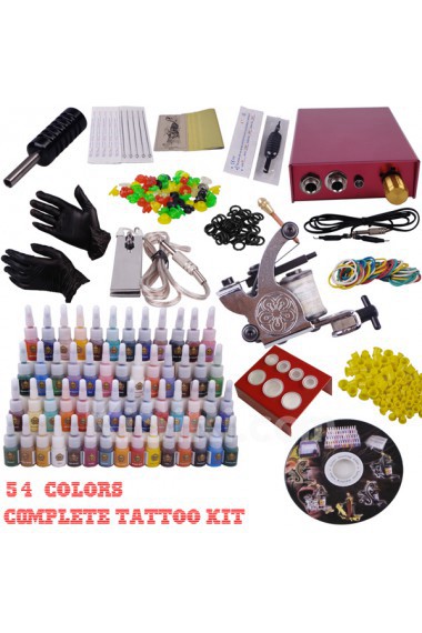 Professional Tattoo Gun Kit with Stainless Power Supply and 54 Colors