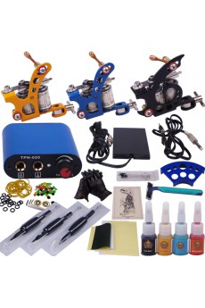 Professional Tattoo Machines Kit Completed Set with 3 Tattoo Guns and 4 Colors for Lining and Shading