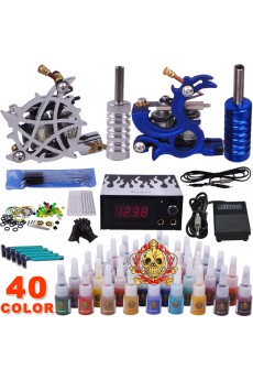 Professional Tattoo Machines Kit Completed Set with 2 Tattoo Guns with LED Power Supply and 40 Colors