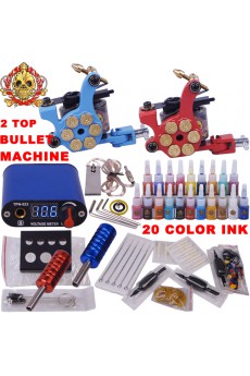 2 Bullet Tattoo Machines Kit with LED Power Supply and 28 Colors