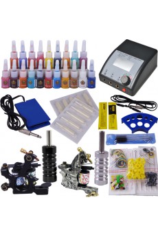2 Professional Tattoo Guns Kit with LED Power Supply and 20 x 5ml Colors
