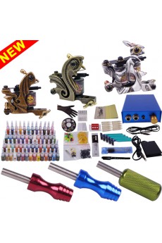 3 Professional Tattoo Machines Kit with 54 x 5ml Colors for Lining and Shading