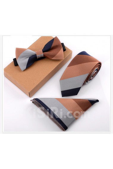 Brown Striped Microfiber 
Necktie and Bow Tie and Pocket Square
