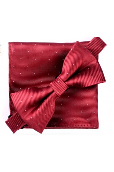 Wine Red Polka Dot Cotton-Microfiber Blended 
Bow Tie and Pocket Square