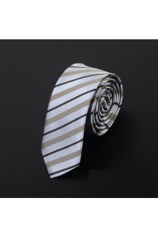 Beige Striped Microfiber Skinny Ties