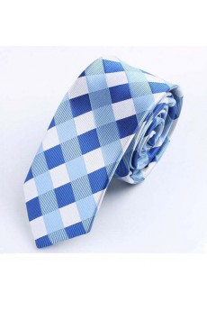 Blue Checkered Polyester Skinny Tie