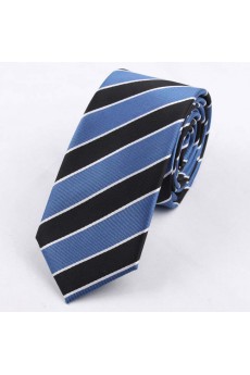 Blue Striped Polyester Skinny Tie
