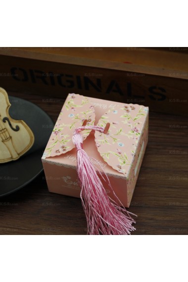 Pink Color Tassel Square Shaped Wedding Favor Boxes (12 Pieces/Set)