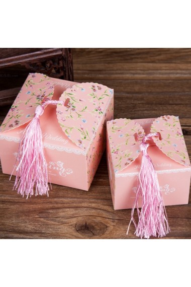 Pink Color Tassel Square Shaped Wedding Favor Boxes (12 Pieces/Set)
