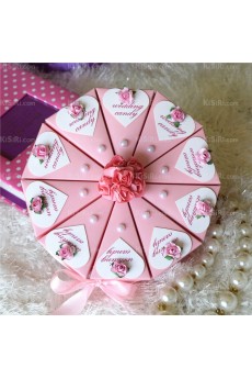 Pink Favor Boxes with Flowers Pearls Ribbons for Wedding (10 Pieces/Set)