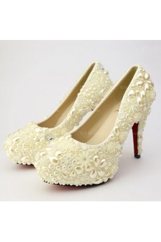White Outdoor Wedding Bridal Shoes with Rhinestone Pearl
